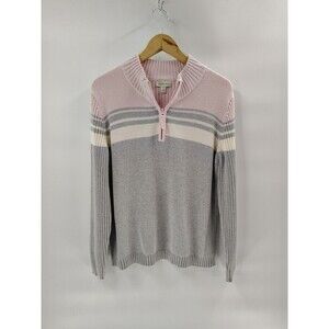 St. Johns Bay Sweater Size XL Quarter Zip Gray and Pink Striped St Johns